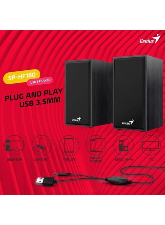 جينيس مكبرات صوت ستيريو ثنائية الاتجاه Genius SP-HF180 بمنفذ USB، مزودة بمقبس صوت 3.5 ملم، وهيكل خشبي، ووحدة تحكم مدمجة في مستوى الصوت، ومكبرات صوت متعددة الوسائط تعمل بتقنية التوصيل والتشغيل لأجهزة الكمبيوتر الشخصية والمحمولة والتلفزيون والهواتف المحمولة - أسود - Image 2